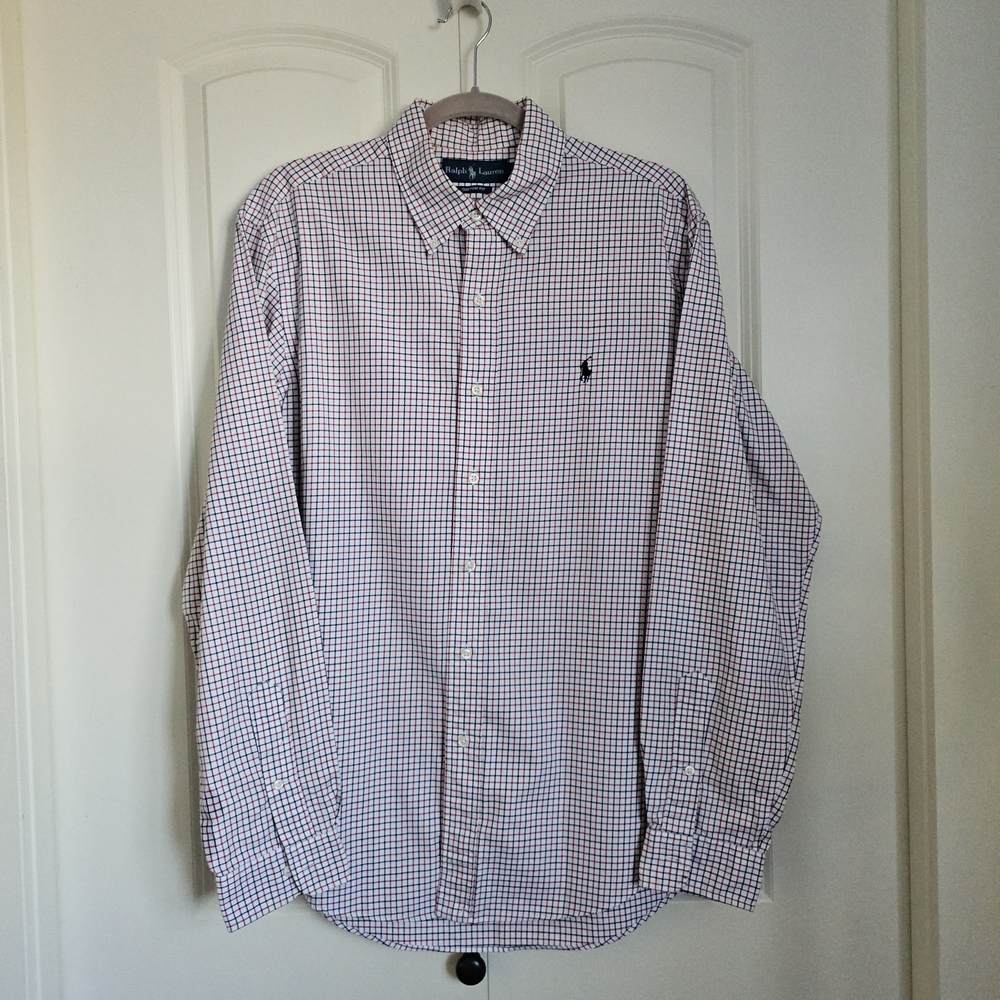 Ralph Lauren Button Down Shirt Long Sleeve Blue Red White Checkered Sz L
